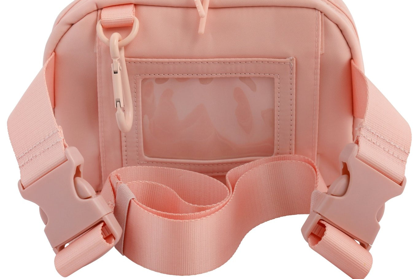 Peachy Pink Med Ready Bag- back view - clear plastic pocket for ID card with child's emergency contact details and fully detachable and adjustable strap.