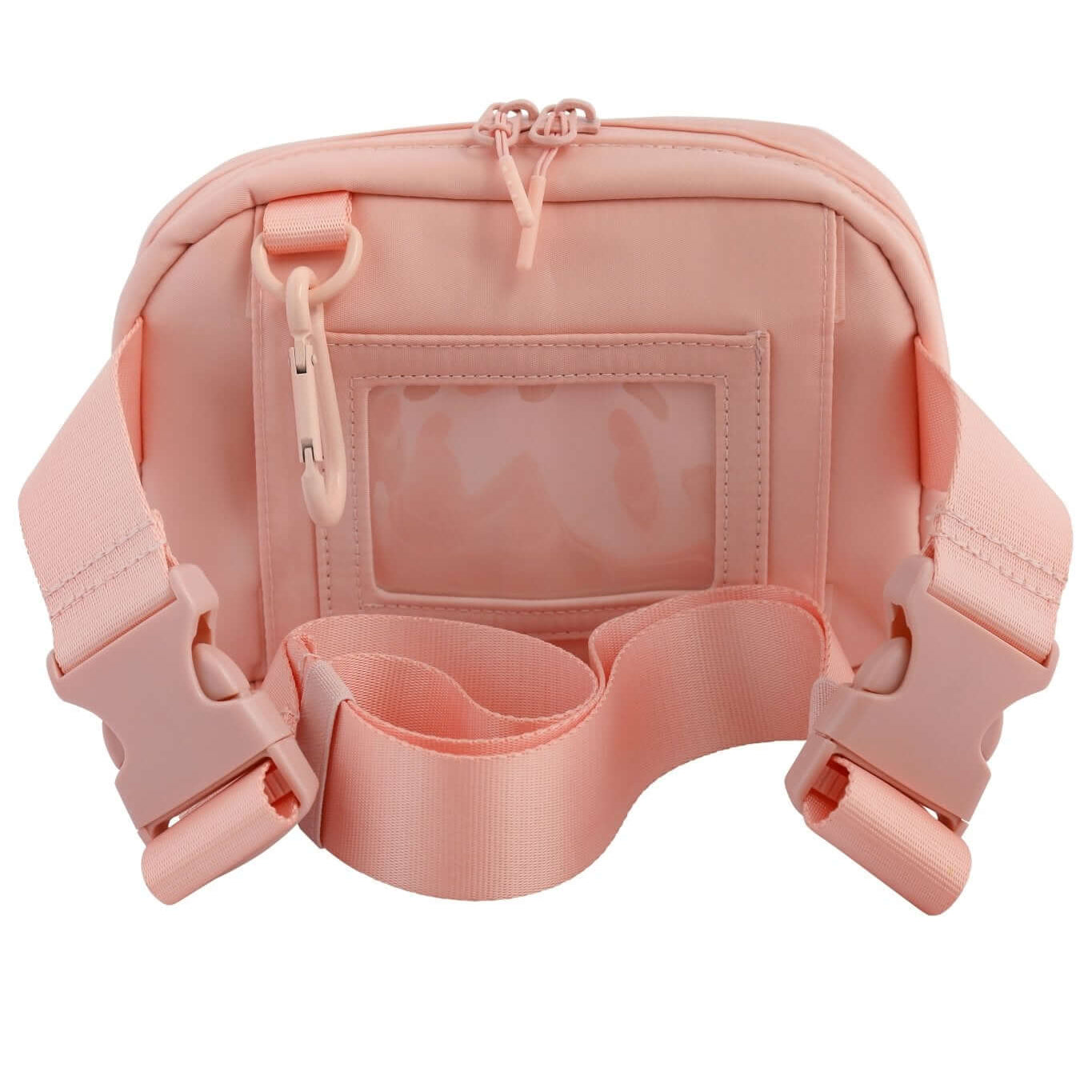 Peachy Pink Med Ready Bag- back view - clear plastic pocket for ID card with child's emergency contact details and fully detachable and adjustable strap.