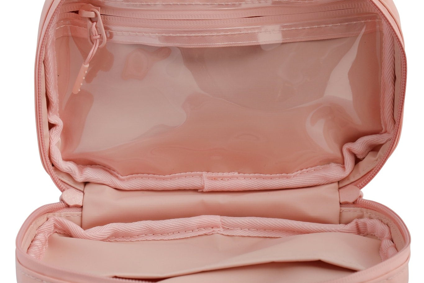 Peachy Pink Med Ready Bag - inside view - clear plastic pocket for medical plans with waterproof zip and waterproof easy wipe tough nylon fabric.