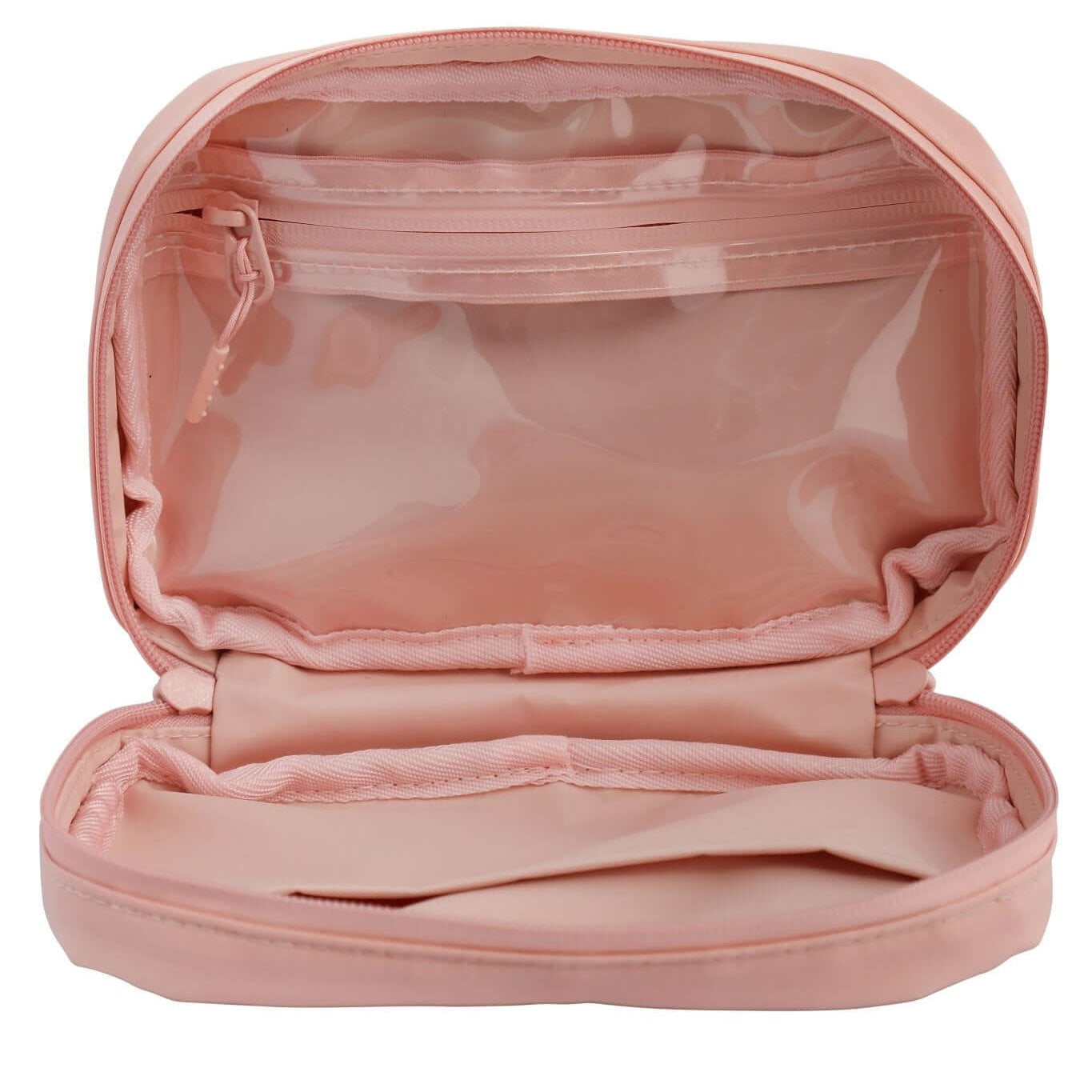 Peachy Pink Med Ready Bag - inside view - clear plastic pocket for medical plans with waterproof zip and waterproof easy wipe tough nylon fabric.