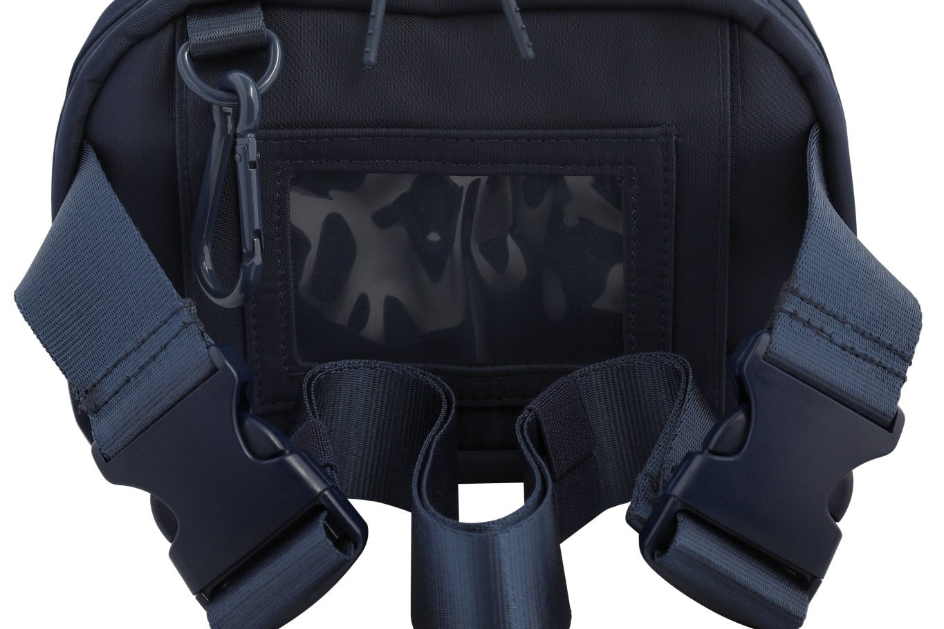 Navy Med Ready Bag - back view - clear plastic pocket for ID card with child's emergency contact details and fully detachable and adjustable strap.