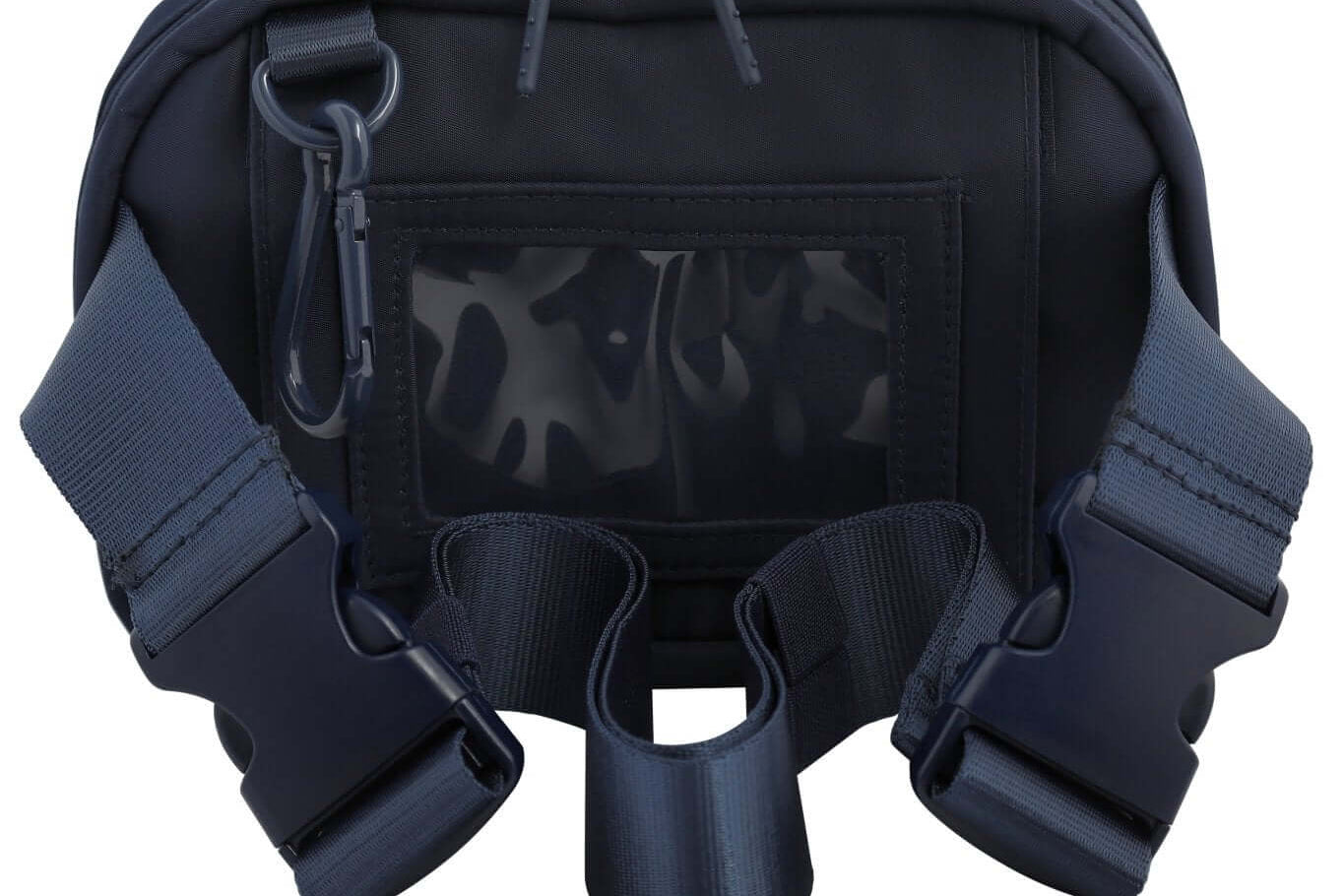 Navy Med Ready Bag - back view - clear plastic pocket for ID card with child's emergency contact details and fully detachable and adjustable strap.