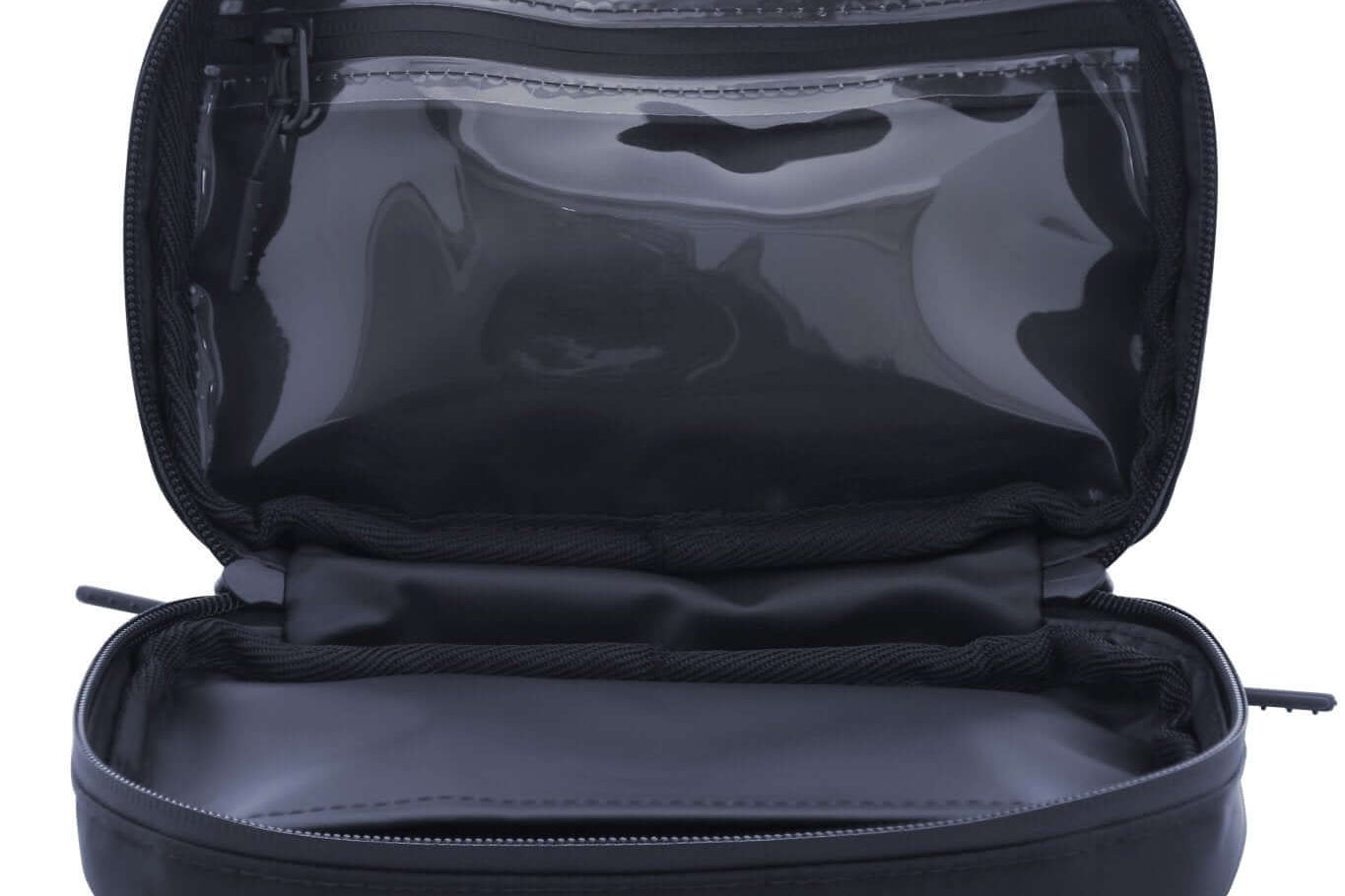 Navy Med Ready Bag - inside view - clear plastic pocket for medical plans with waterproof zip and waterproof easy wipe tough nylon fabric.