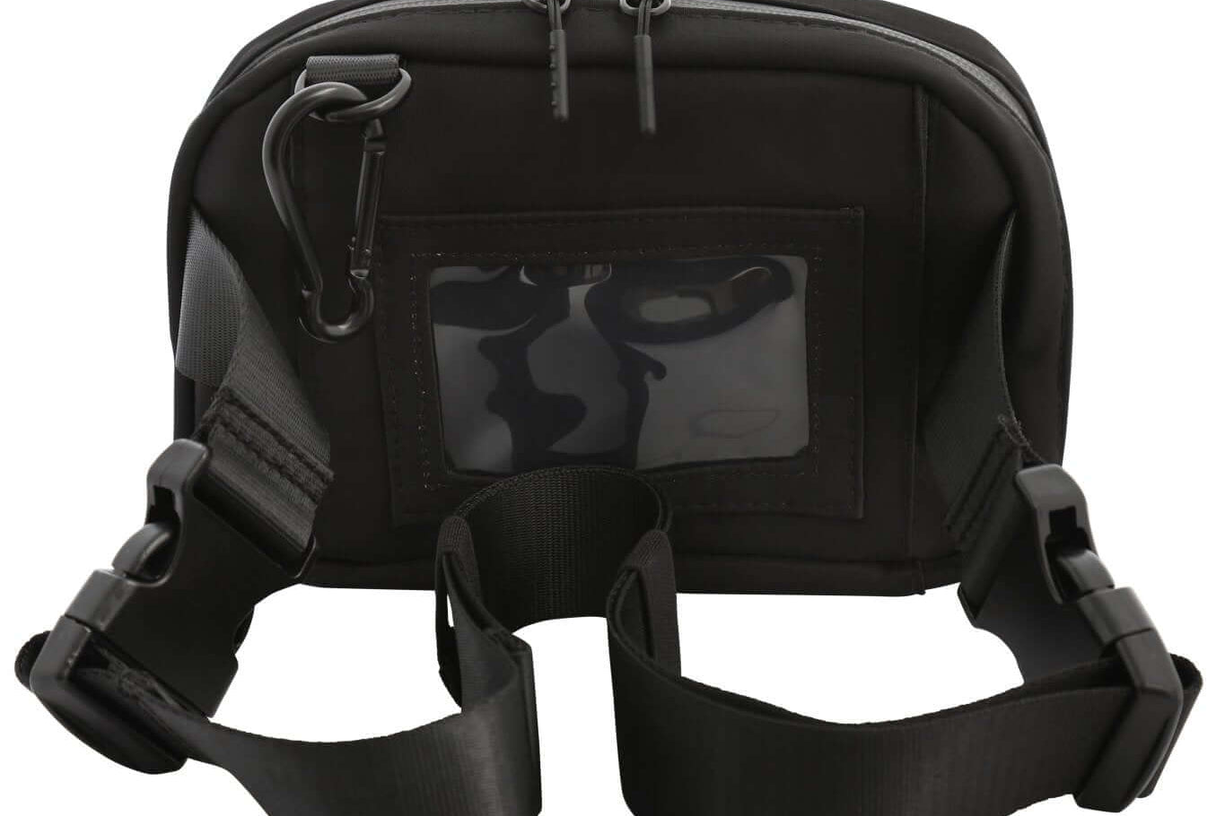 Black Med Ready Bag- back view - clear plastic pocket for ID card with child's emergency contact details and fully detachable and adjustable strap.