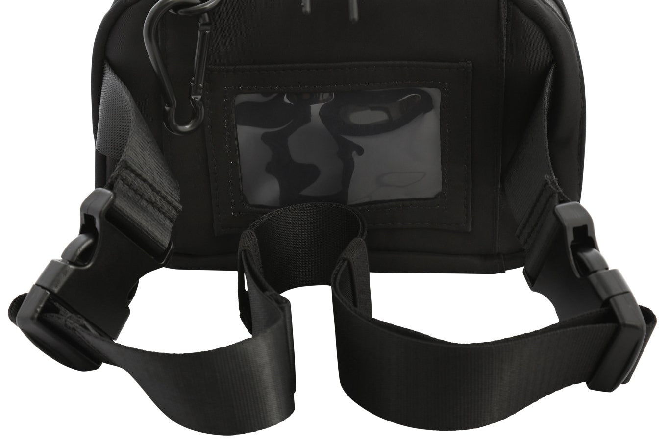 Black Med Ready Bag- back view - clear plastic pocket for ID card with child's emergency contact details and fully detachable and adjustable strap.