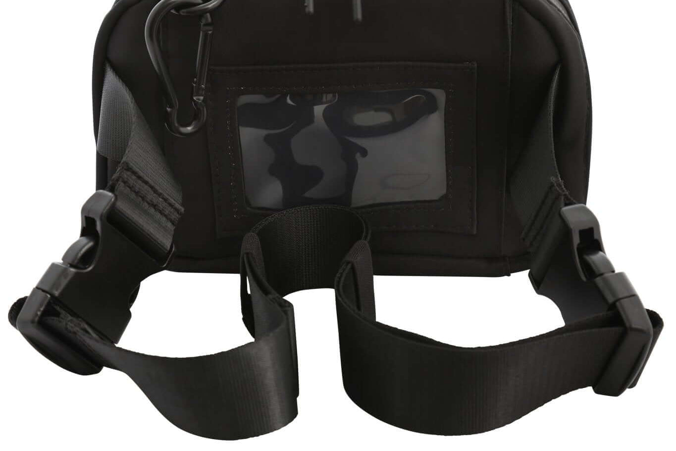 Black Med Ready Bag- back view - clear plastic pocket for ID card with child's emergency contact details and fully detachable and adjustable strap.