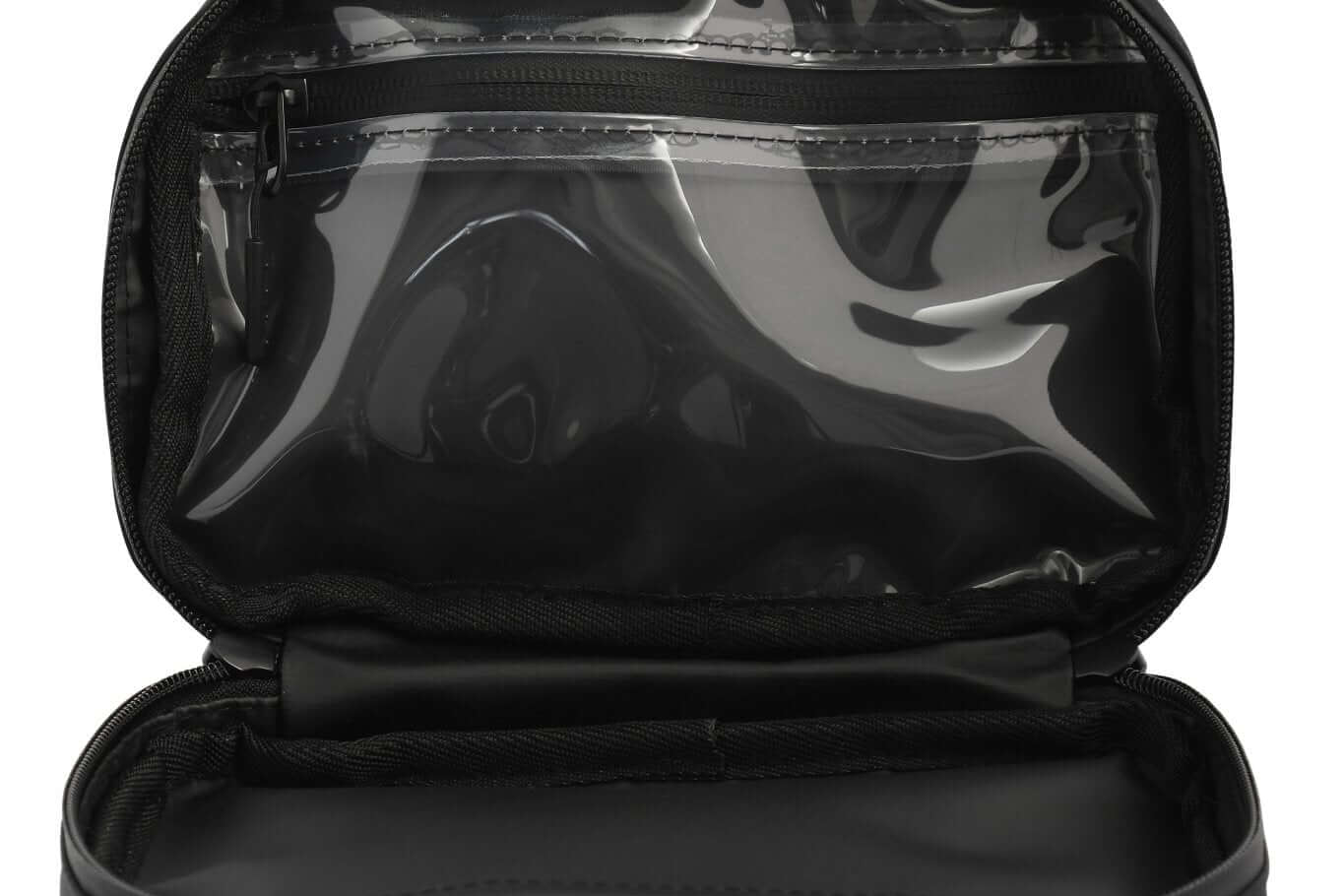 Black Med Ready Bag - Inside view - clear plastic pocket for medical plans with waterproof zip and easy wipe waterproof nylon fabric.