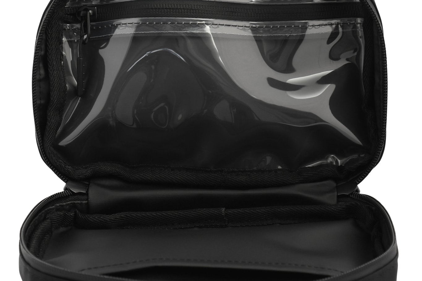 Black Med Ready Bag - Inside view - clear plastic pocket for medical plans with waterproof zip and easy wipe waterproof nylon fabric.