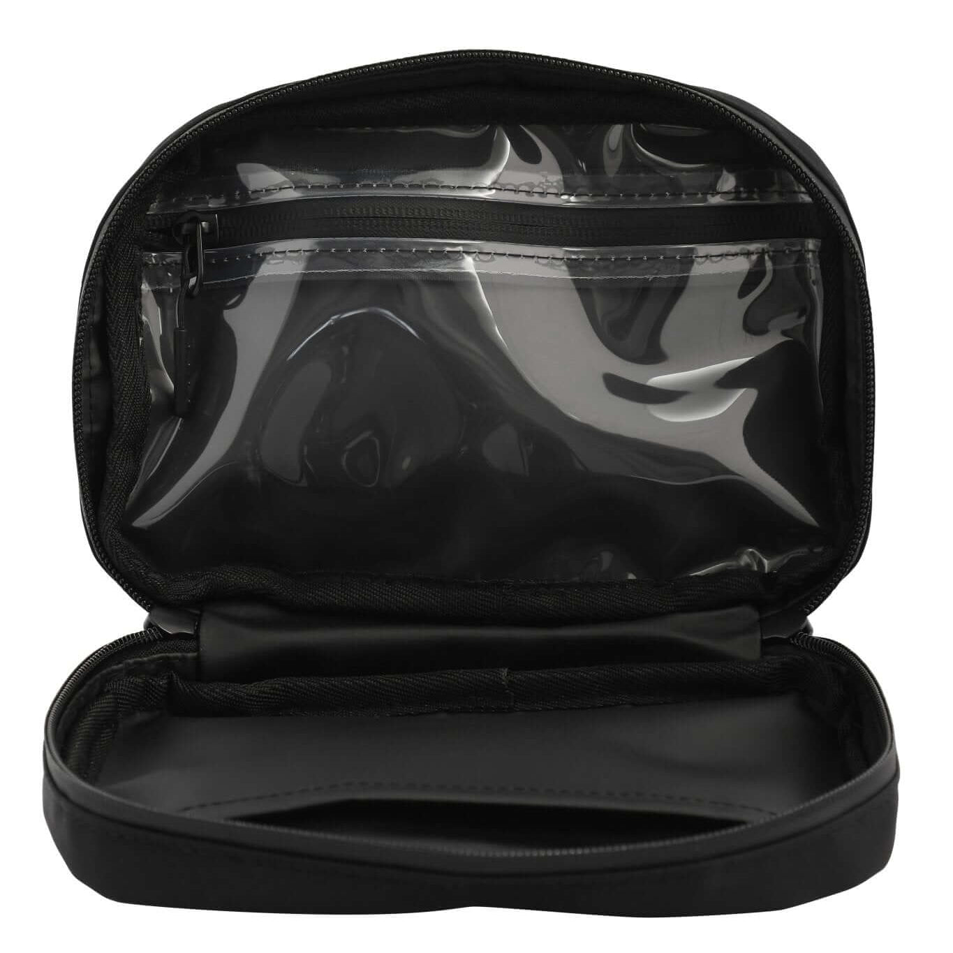 Black Med Ready Bag - Inside view - clear plastic pocket for medical plans with waterproof zip and easy wipe waterproof nylon fabric.