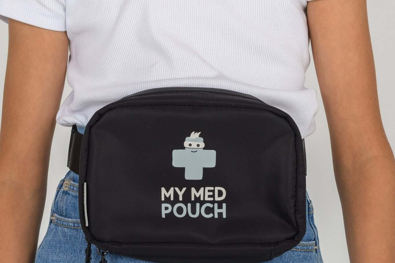 Black Med Ready Bag worn as a waist pack - front view.