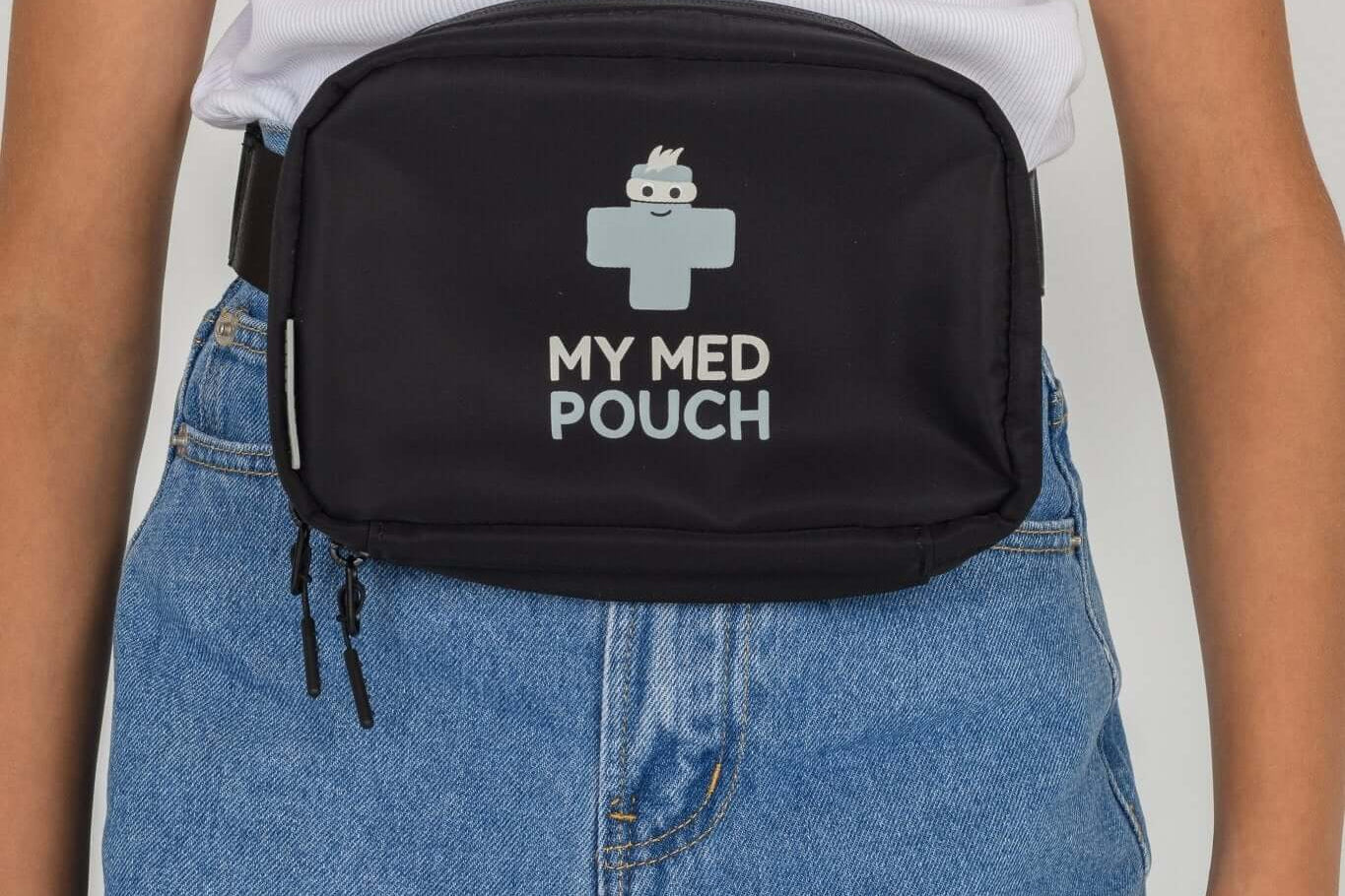 Black Med Ready Bag worn as a waist pack - front view.