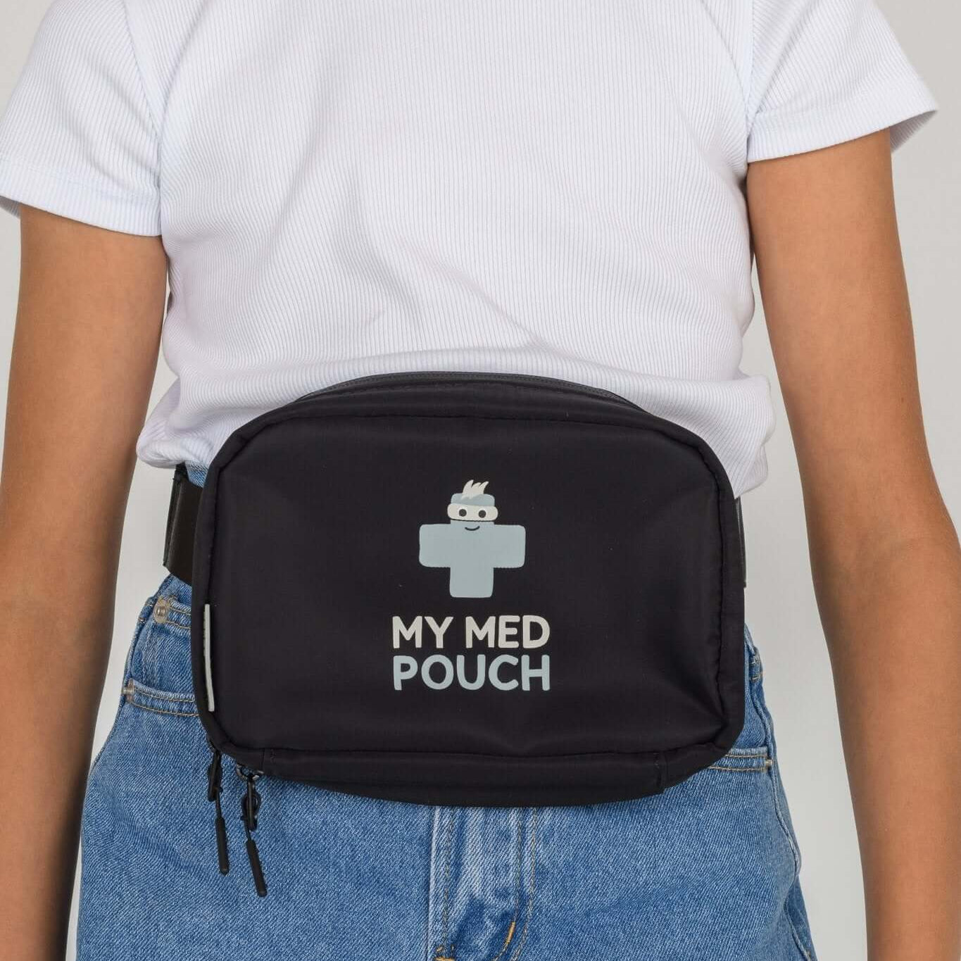 Black Med Ready Bag worn as a waist pack - front view.