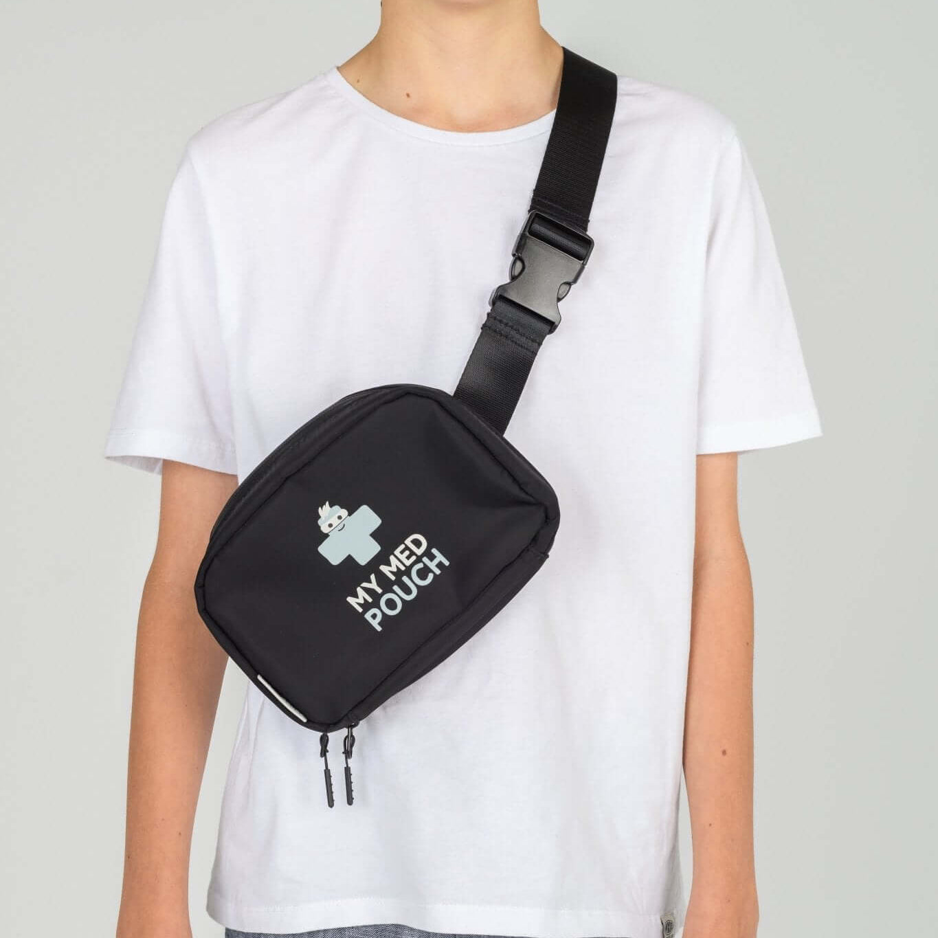 Black Med Ready Bag worn as a shoulder sling - front view.