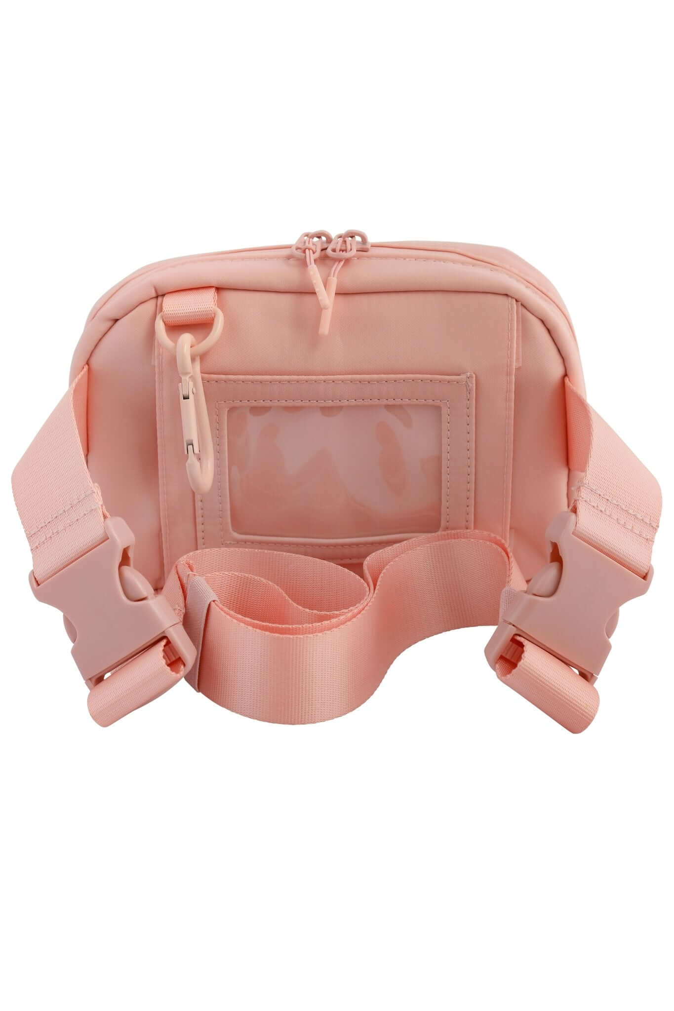 Peachy Pink Med Ready Bag- back view - clear plastic pocket for ID card with child's emergency contact details and fully detachable and adjustable strap. 