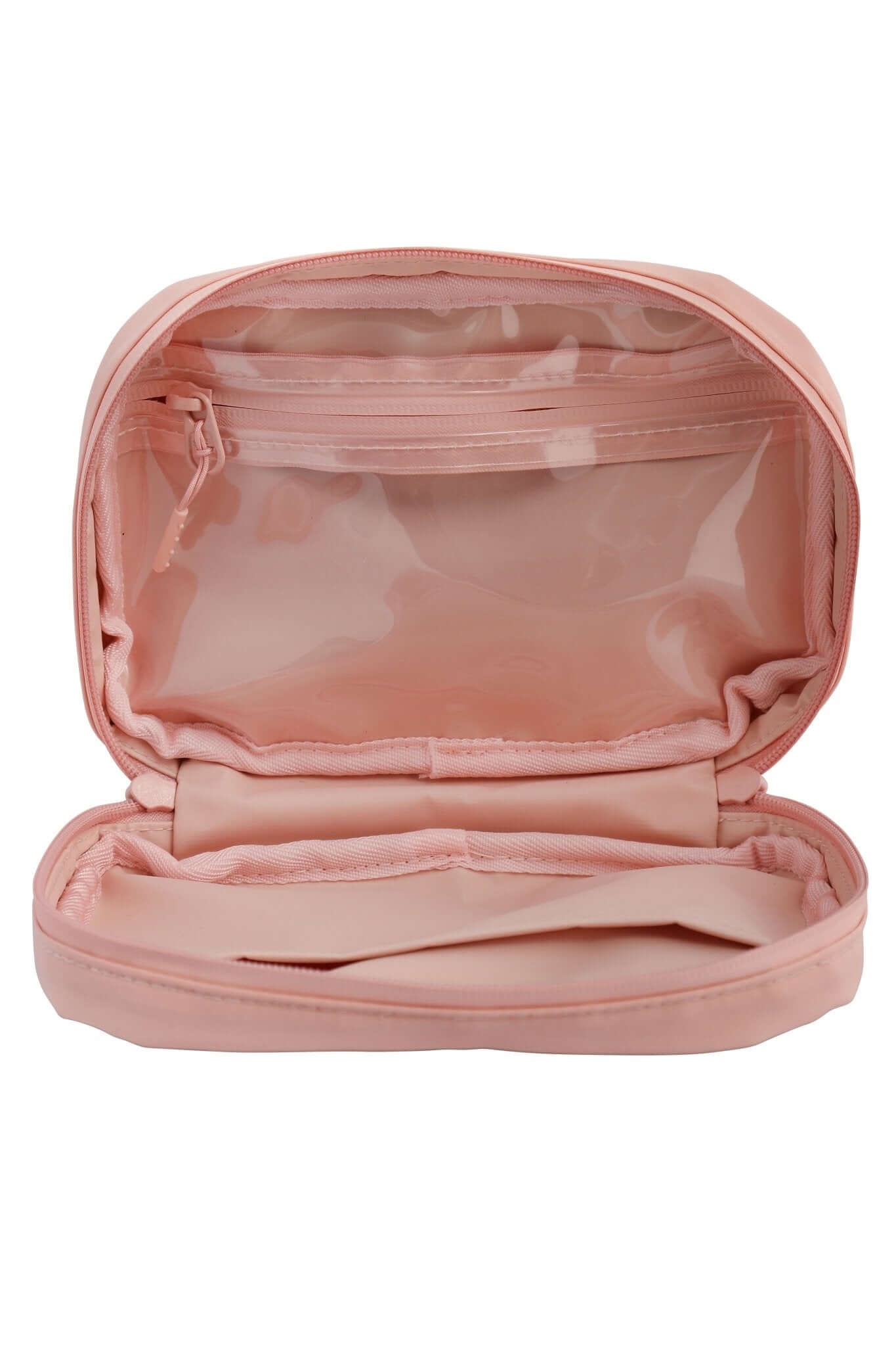 Peachy Pink Med Ready Bag - inside view - clear plastic pocket for medical plans with waterproof zip and waterproof easy wipe tough nylon fabric. 