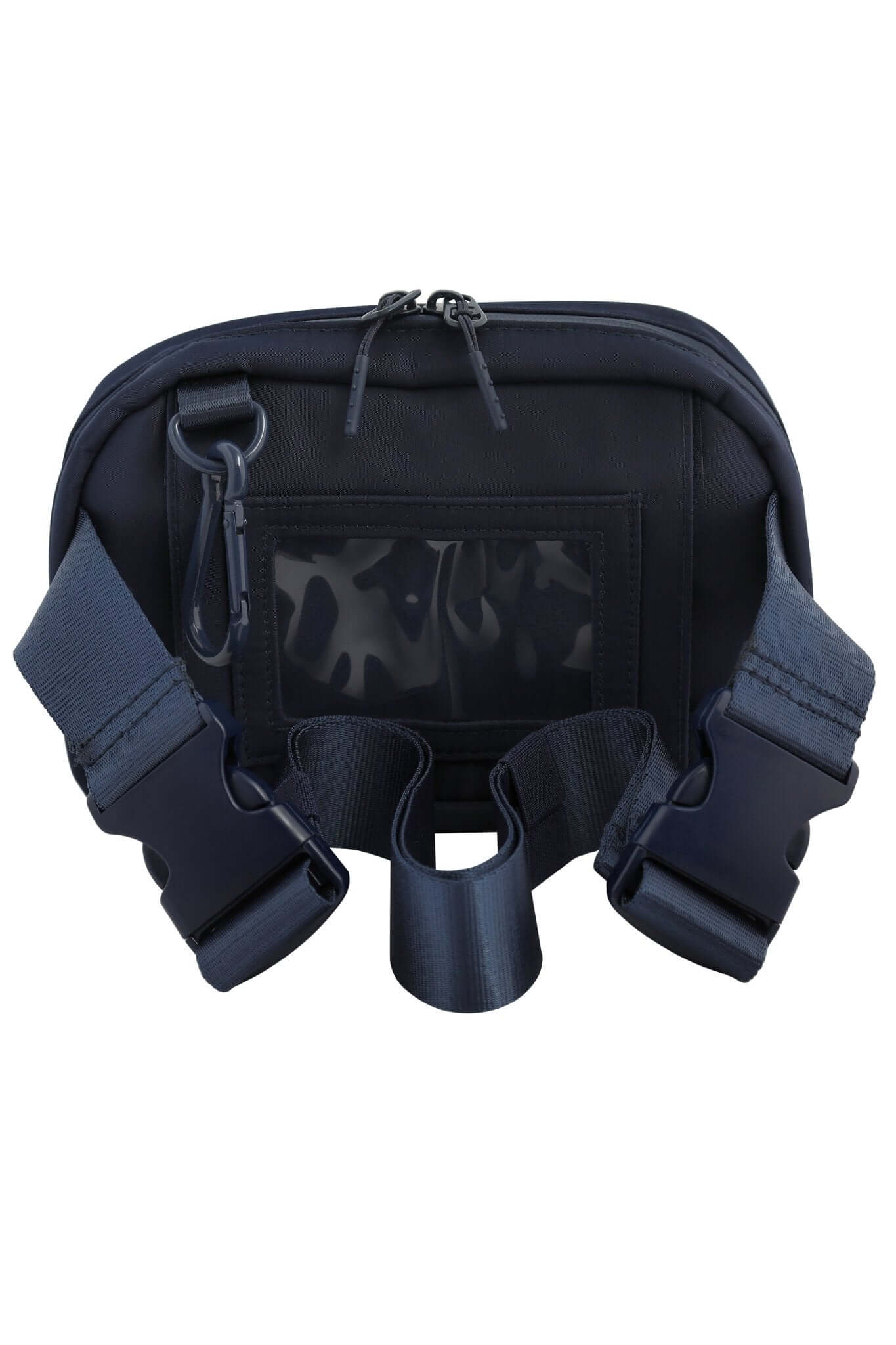 Navy Med Ready Bag - back view - clear plastic pocket for ID card with child's emergency contact details and fully detachable and adjustable strap. 