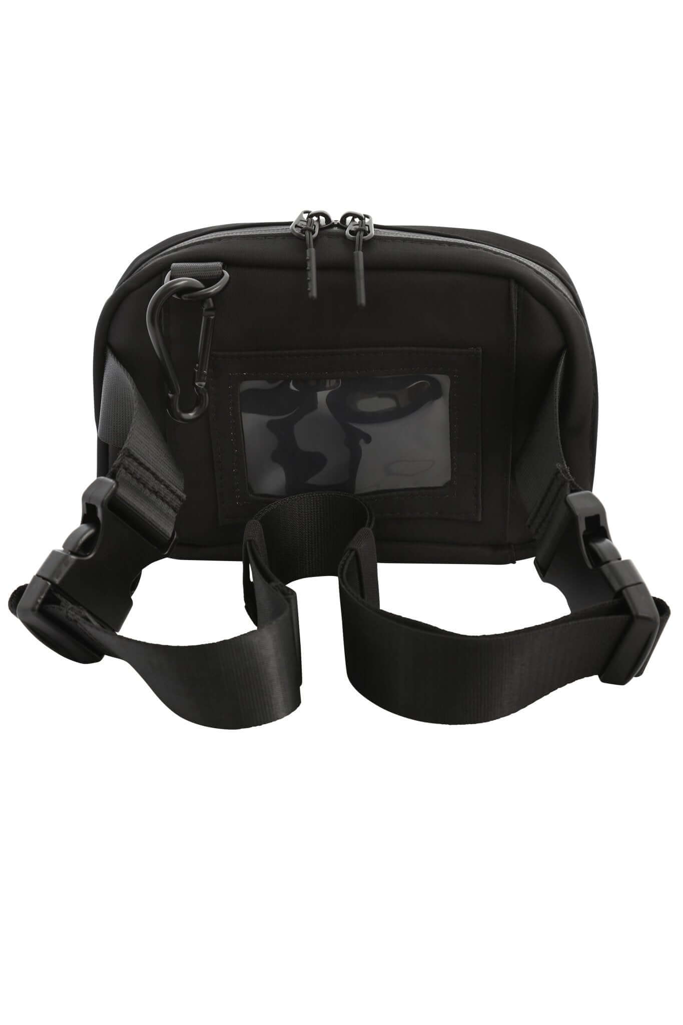 Black Med Ready Bag- back view - clear plastic pocket for ID card with child's emergency contact details and fully detachable and adjustable strap. 