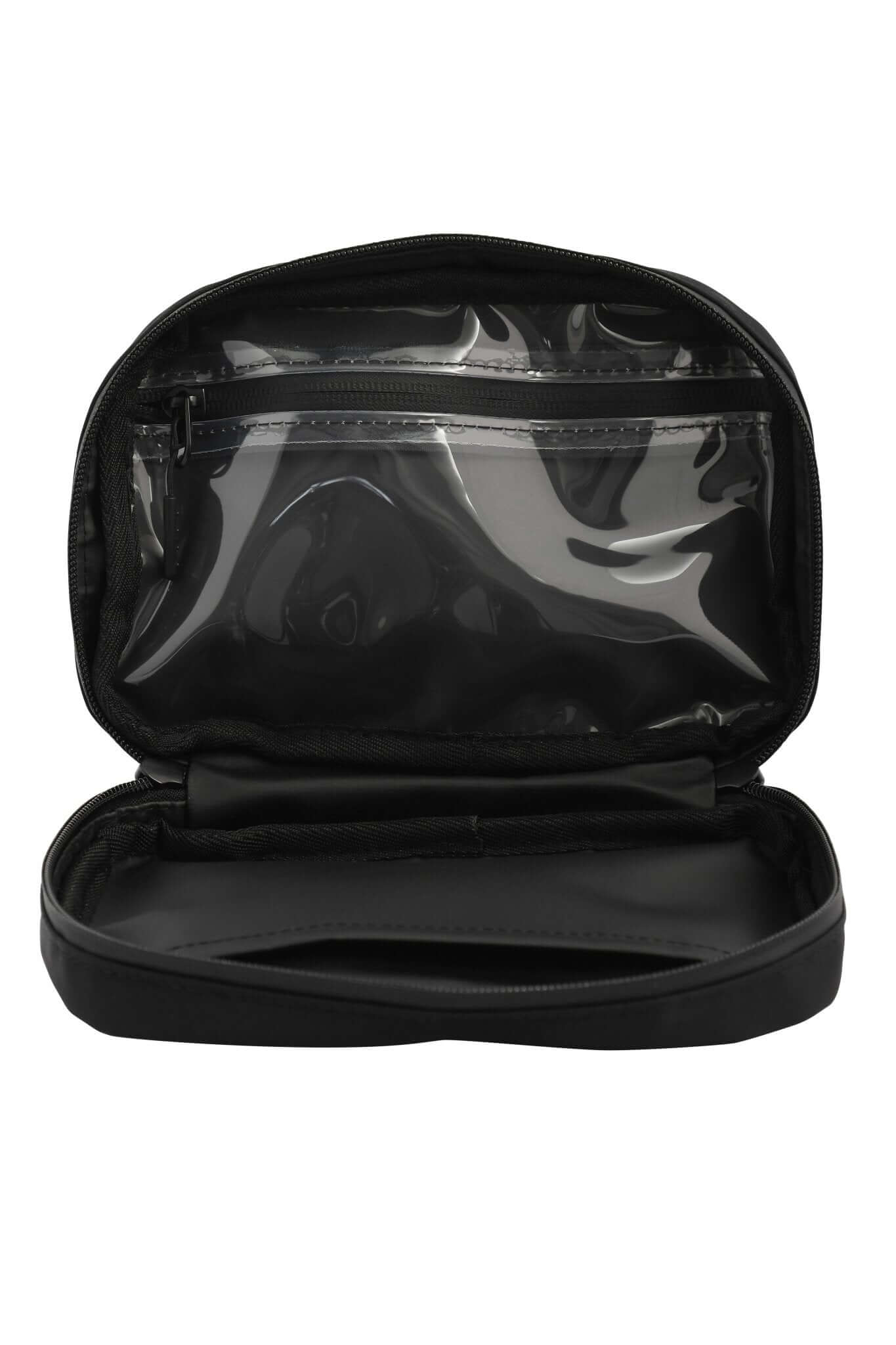 Black Med Ready Bag - Inside view - clear plastic pocket for medical plans with waterproof zip and easy wipe waterproof nylon fabric.