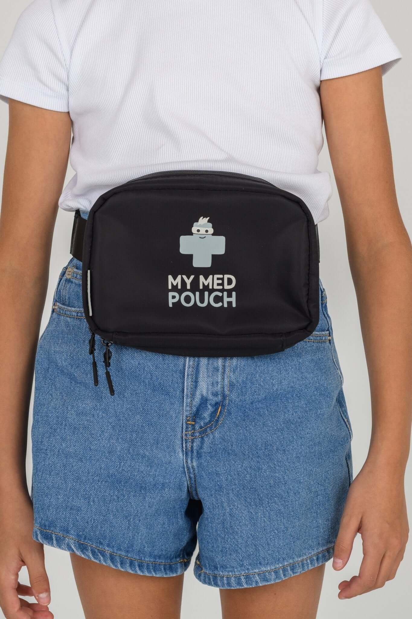 Black Med Ready Bag worn as a waist pack - front view.