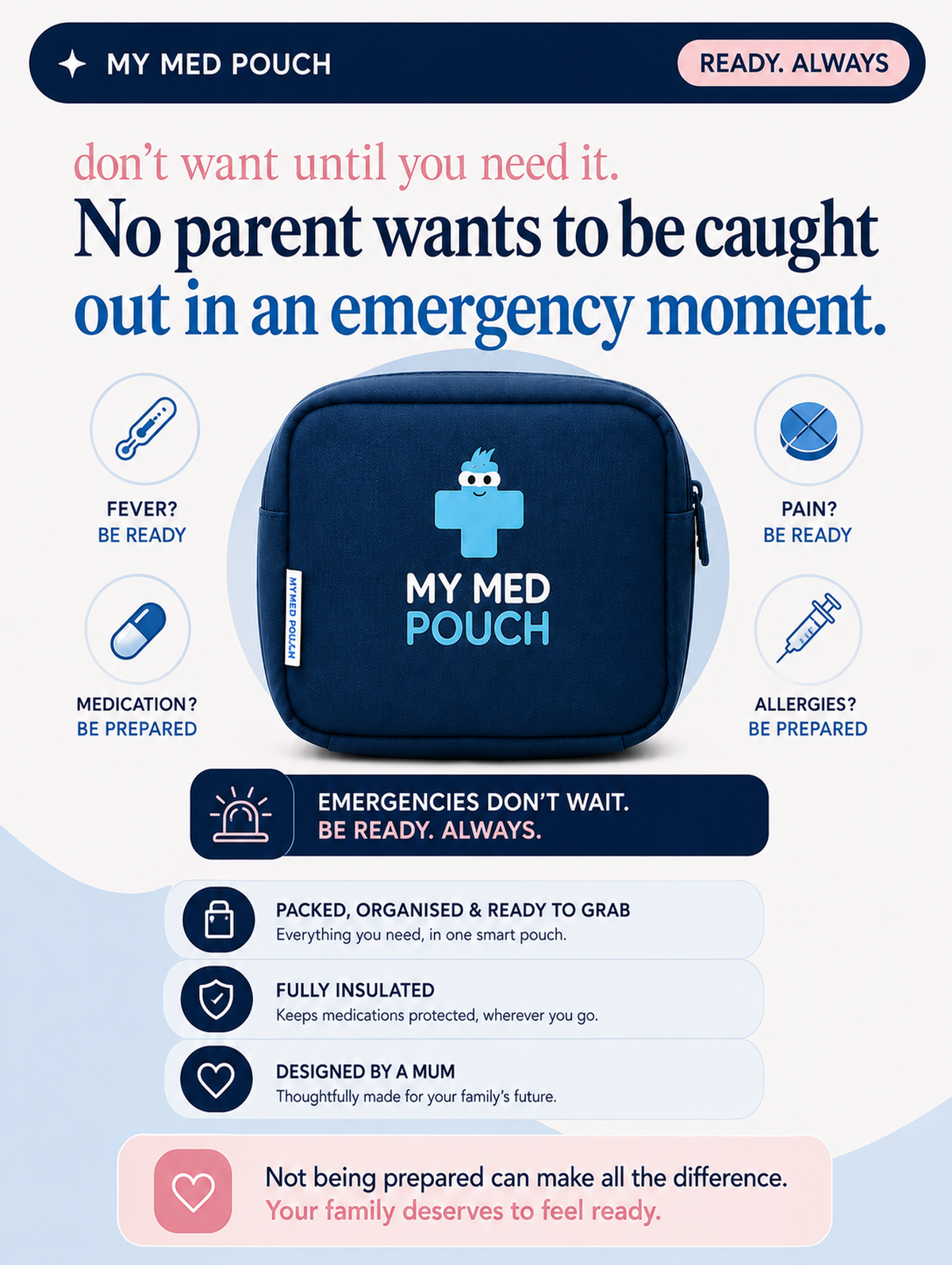 My Med Pouch insulated medication bag for storing allergy medications, asthma medications, EpiPens and everyday medicines. Designed to help parents stay organised and prepared for emergencies, travel and daily use.