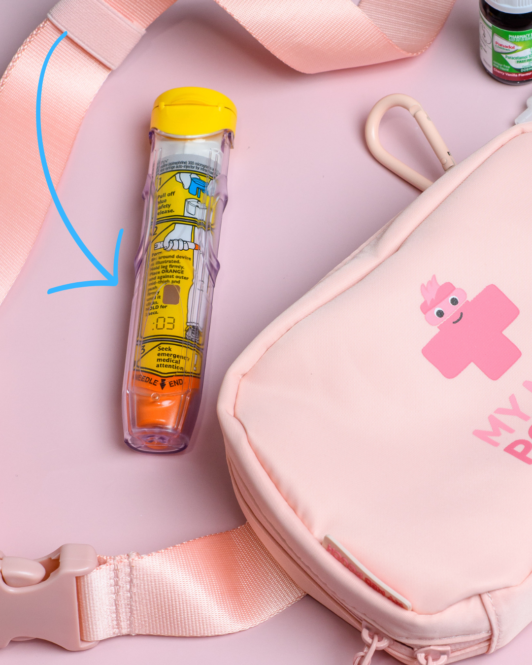 Pink Med Ready Bag with an Epipen and arrow highlighting the viewing window on the EpiPen